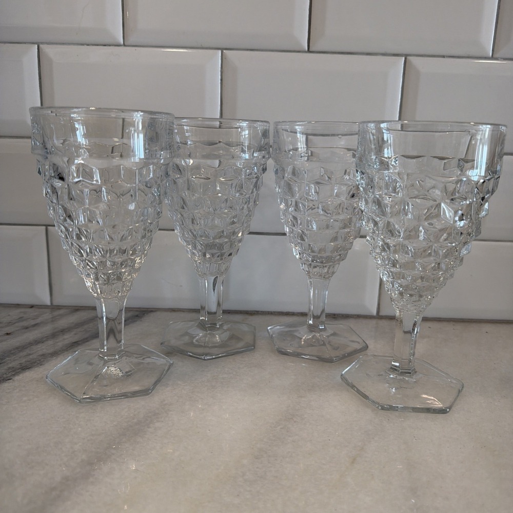 Fostoria American Clear Water Stem Goblet Hex Base  Set of 4 Vintage Elegant ES4